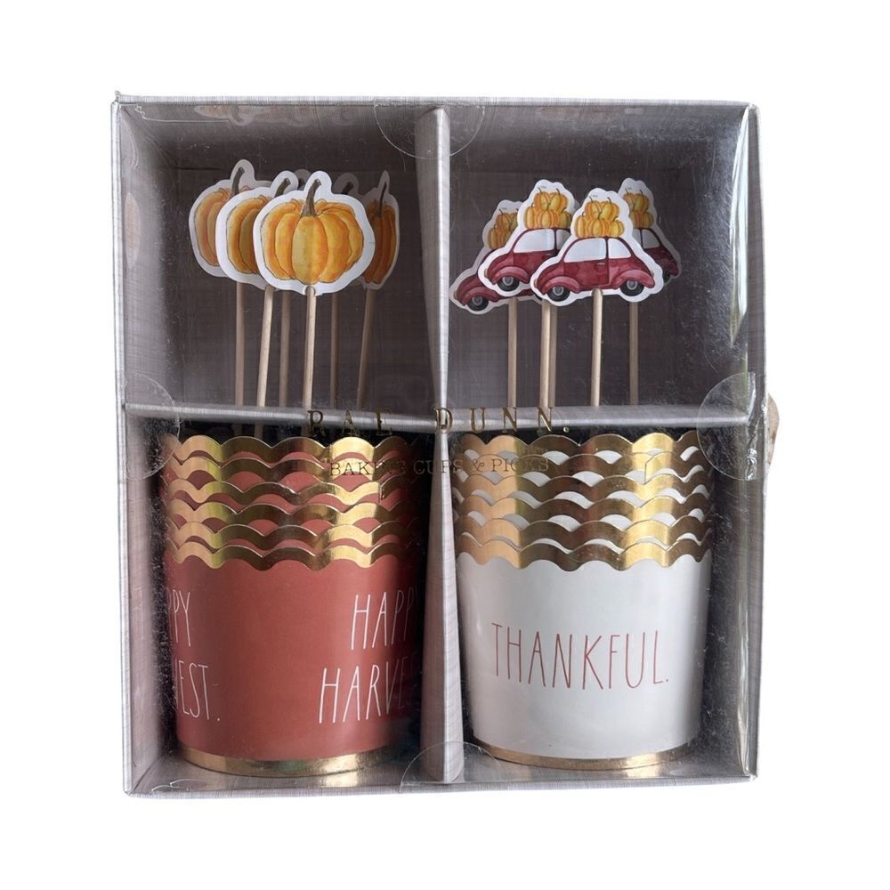 Rae Dunn 12 Piece Fall “Happy Harvest & Thankful” Cupcake Liners & Picks NIB